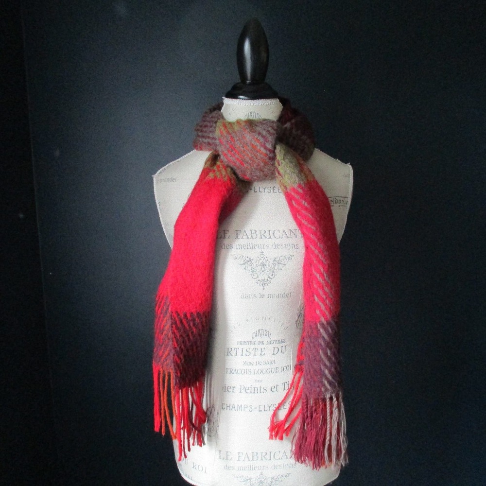 Vintage Paris Designer Guillaume de Mons Mohair Blend Red Plaid Scarf